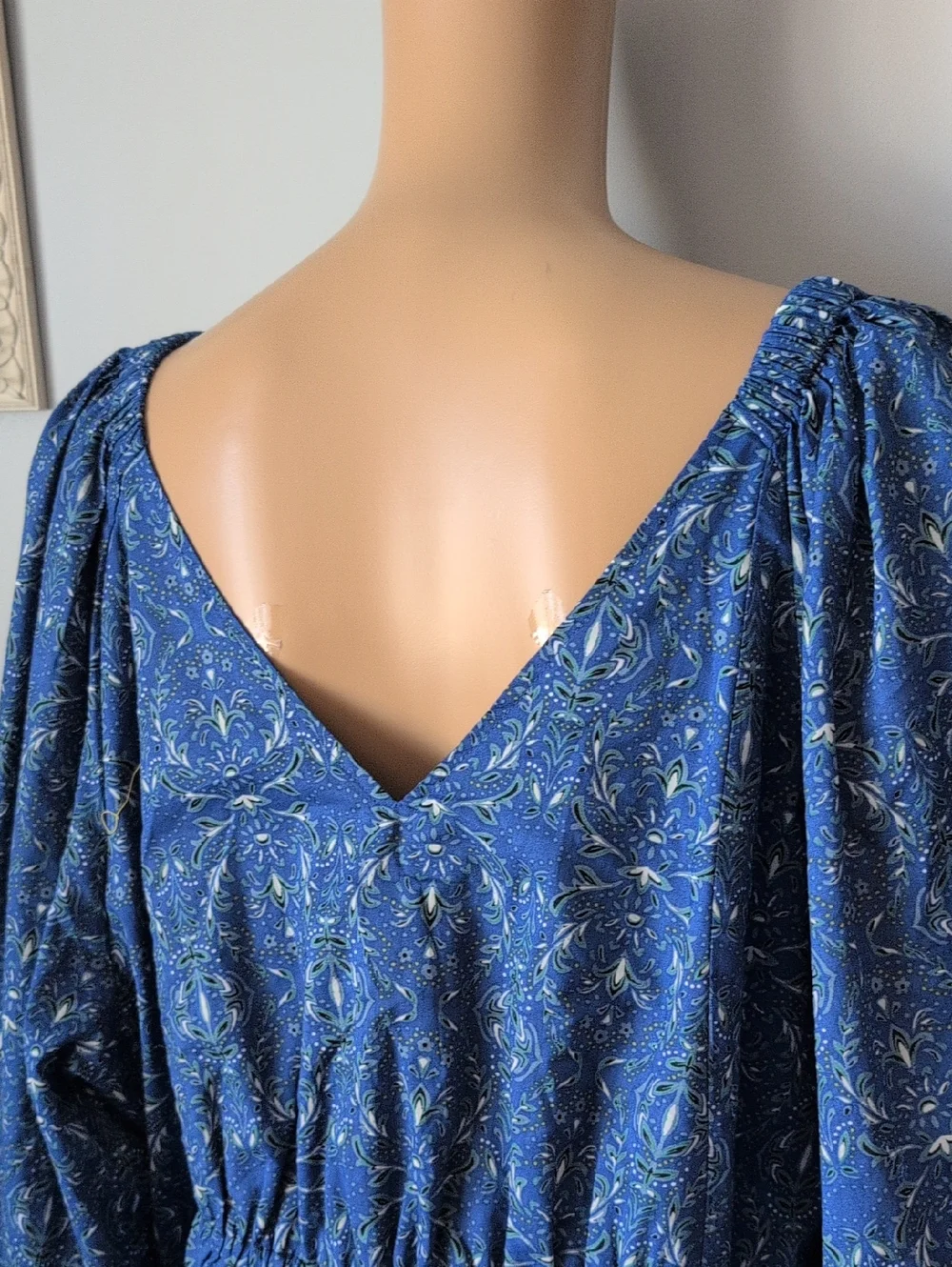 Boho Blue Cotton Floral Midi Dress Balloon Sleeve Cottagecore Romantic 2X - Picture 12 of 16